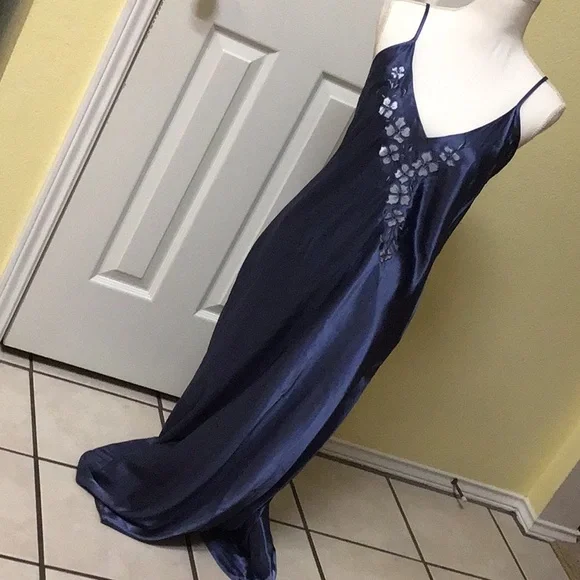 HALSTON BLUE EMBROIDERED MAXI SLIP DRESS M - Picture 1 of 11